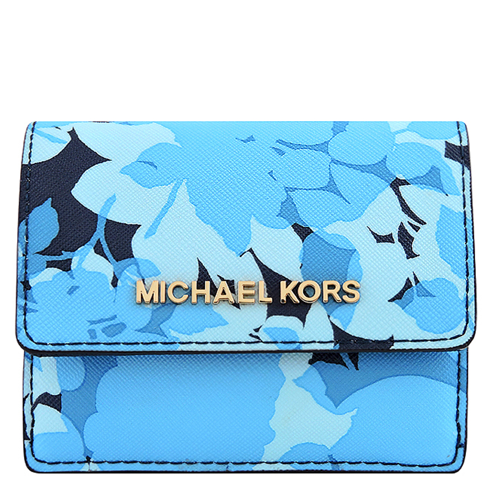 MICHAEL KORS JET SET花朵防刮牛皮零錢/短夾(藍色)