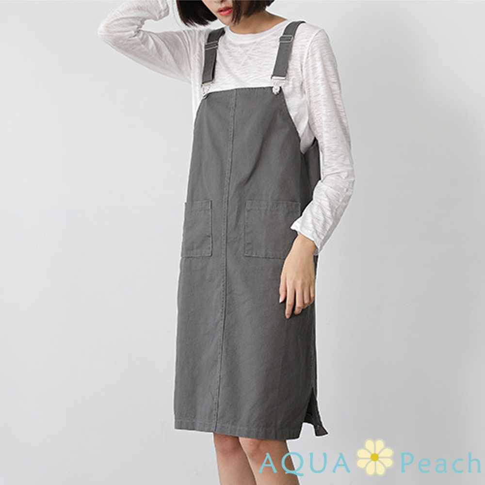 簡約素面雙口袋吊帶裙 (深灰色)-AQUA Peach