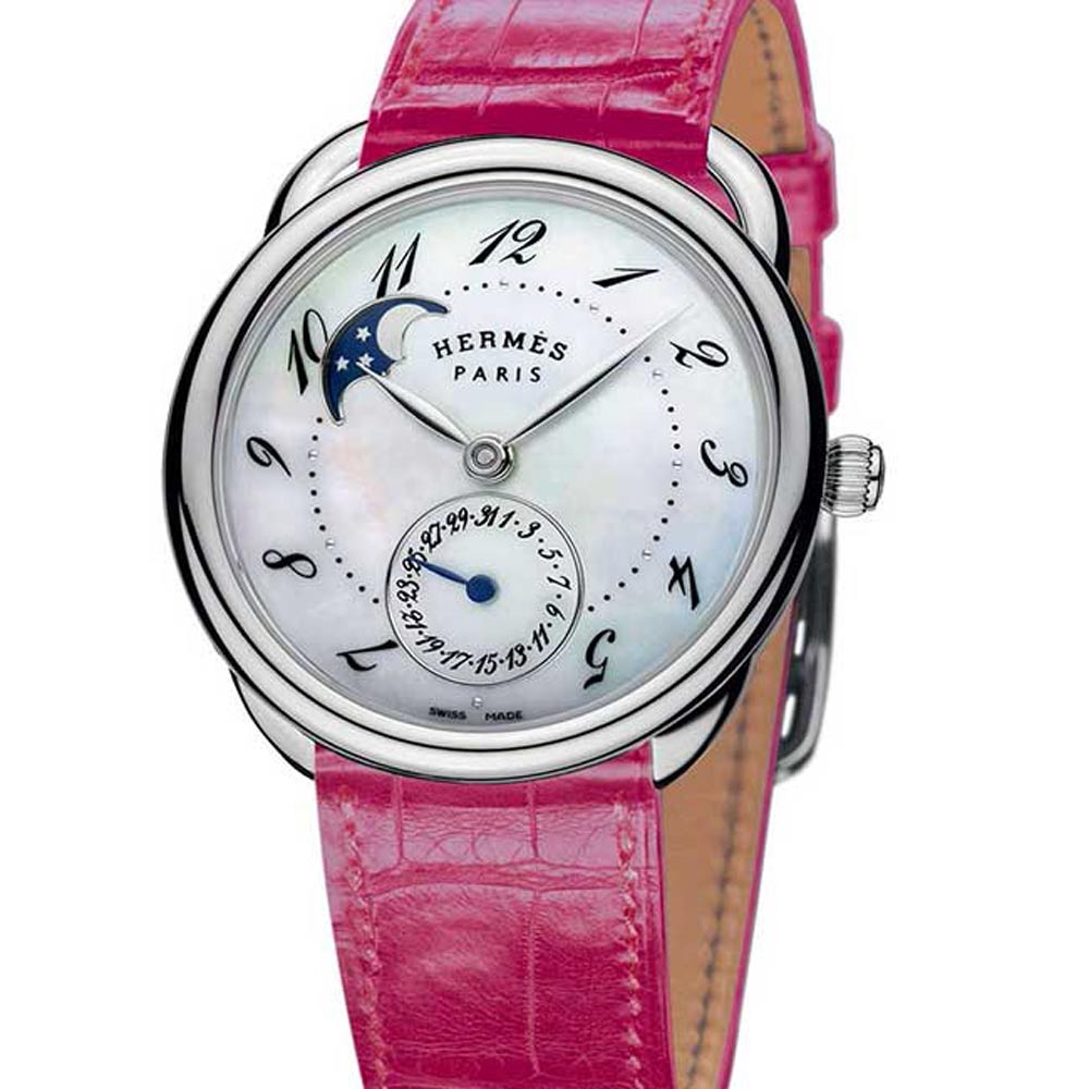 HERMES 愛馬仕 ARCEAU 系列珍珠面月相-粉紅鱷魚皮錶帶/38mm