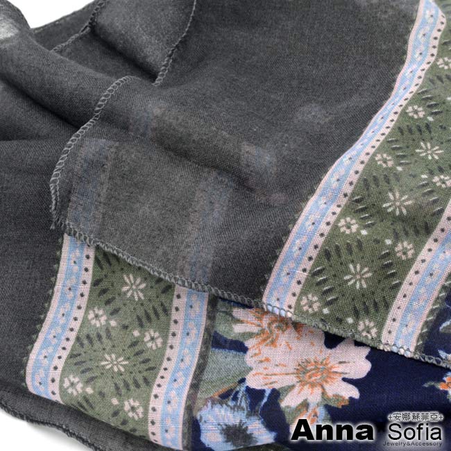 AnnaSofia 清嵐錦花 拷克邊韓國棉圍巾披肩(深藍灰系)