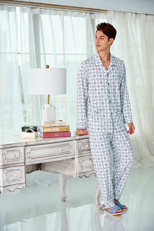睡衣 精梳棉柔針織 男性長袖兩件式睡衣(68235)灰白幾何格紋 蕾妮塔塔