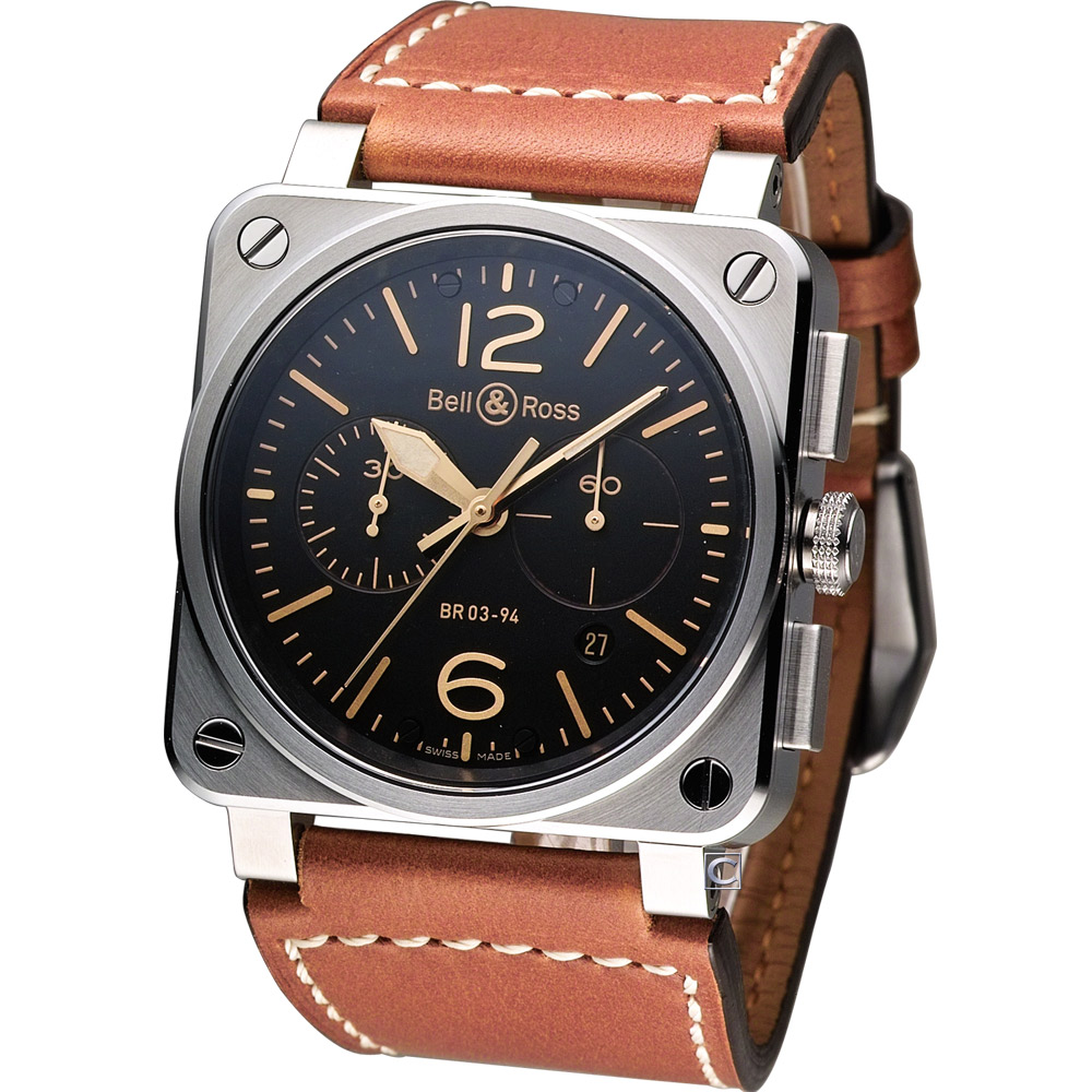 Bell & Ross 飛鷹戰士自動計時機械腕錶-黑x駝色錶帶/42mm