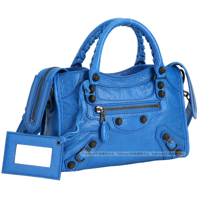 BALENCIAGA Giant Mini City 黑釦羊皮機車包(蔚藍色)