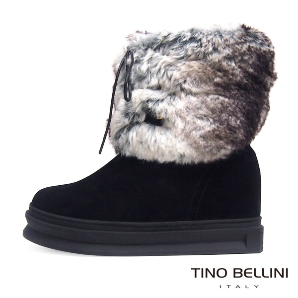Tino Bellini 愛斯基摩混色兔毛厚底綁帶雪靴_黑