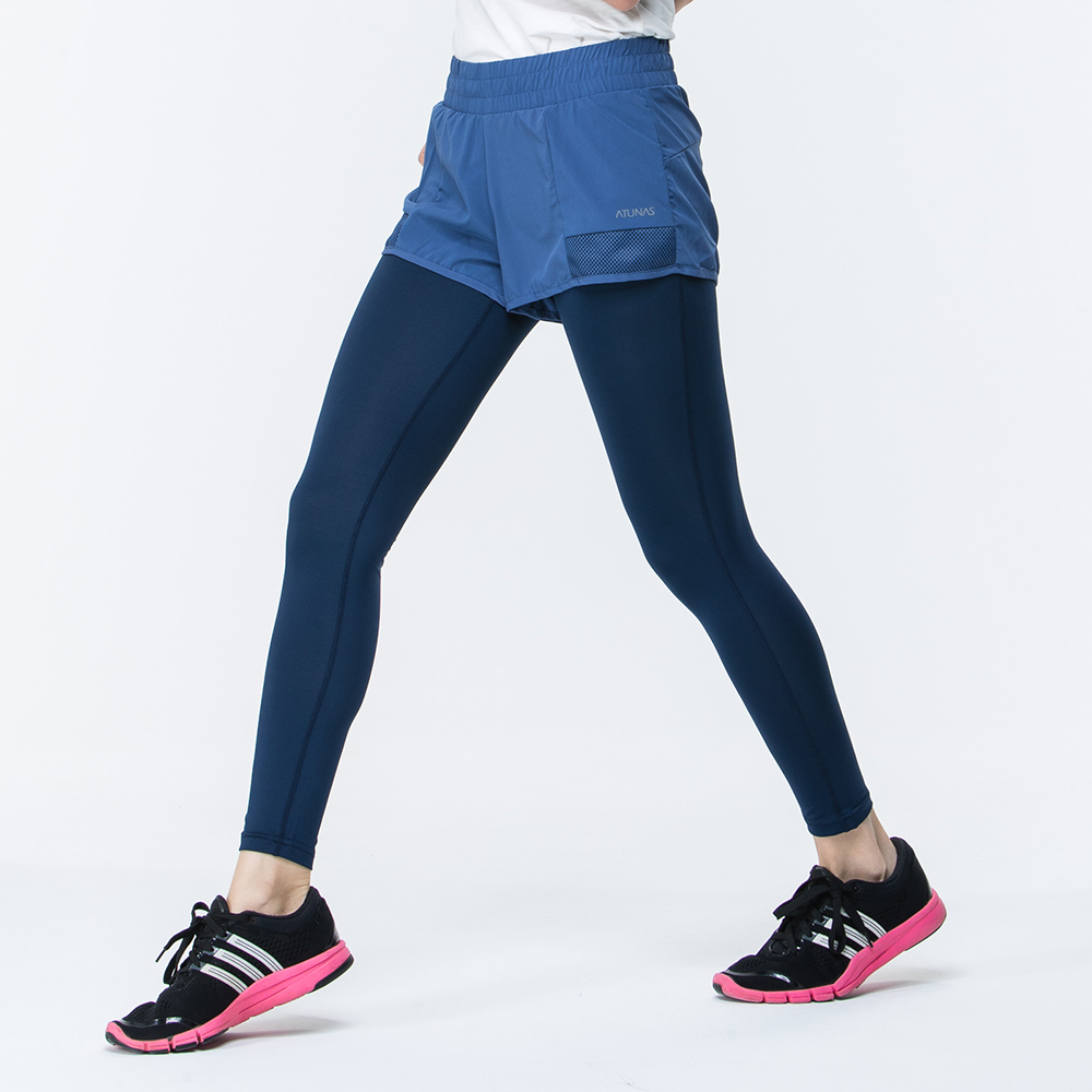 【ATUNAS 歐都納】女款運動假兩件彈性長跑褲 A1-PA1721W 灰藍