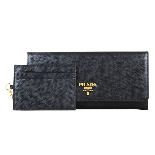 PRADA 金字浮雕LOGO防刮皮革雙扣長夾(黑)