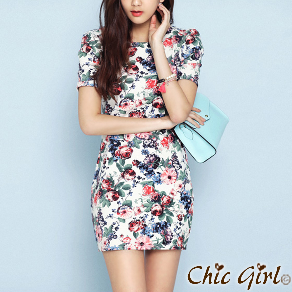 花朵圖紋鮮豔印花連身裙 (共二色)-Chic Girl