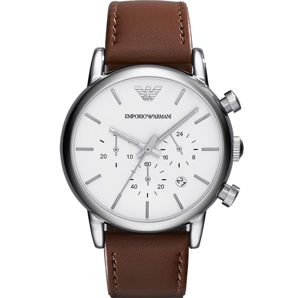 ARMANI Classic 時尚三眼計時腕錶-白x咖啡色錶帶/41mm