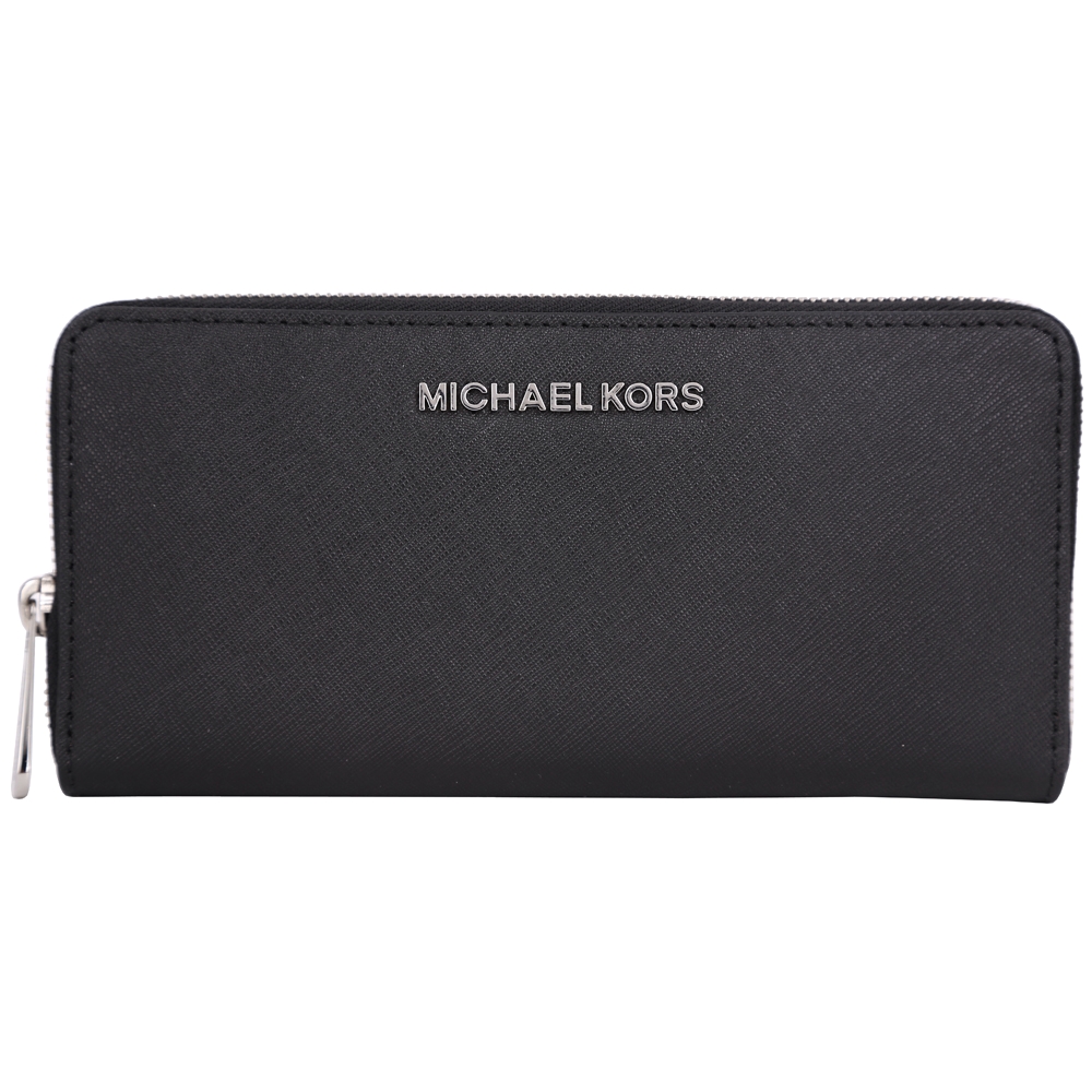 Michael Kors Jet Set Saffiano 銀字防刮牛皮拉鍊長夾(黑色)