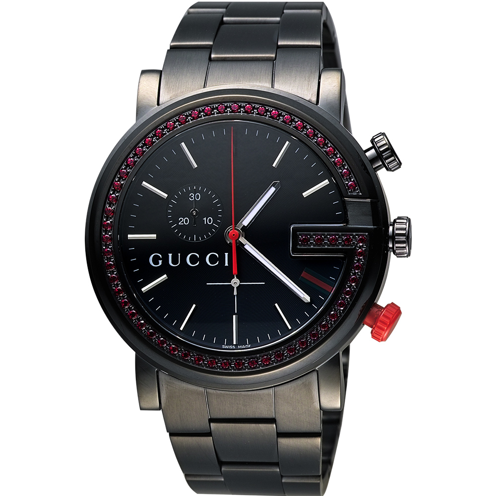 GUCCI G-Chrono 頂尖時尚水晶計時碼腕錶-IP黑x紅水晶框/44mm