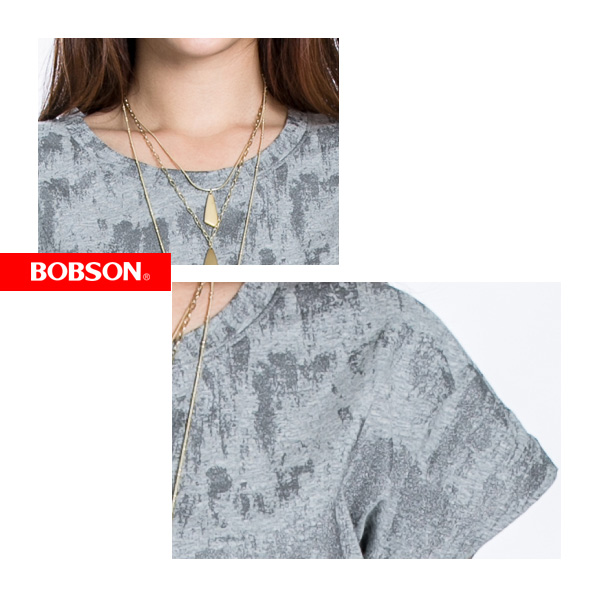 BOBSON 女款刷紋印圖短袖上衣(灰83)