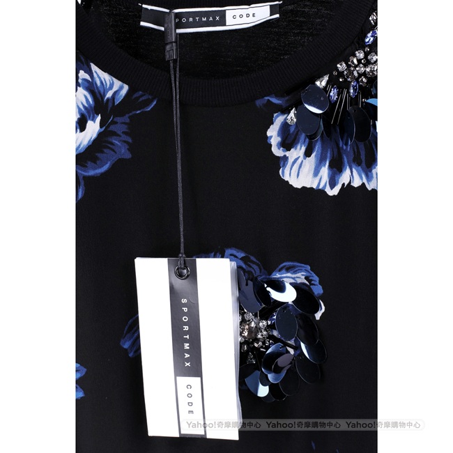 Max Mara-SPORTMAX 黑色亮片花飾蕾絲短袖上衣