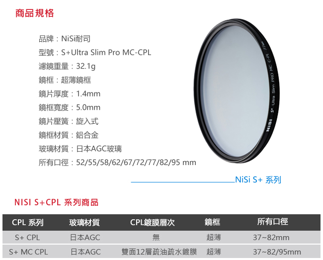 NiSi 耐司 S+MC CPL 58mm Ultra Slim PRO超薄多層鍍膜偏光鏡