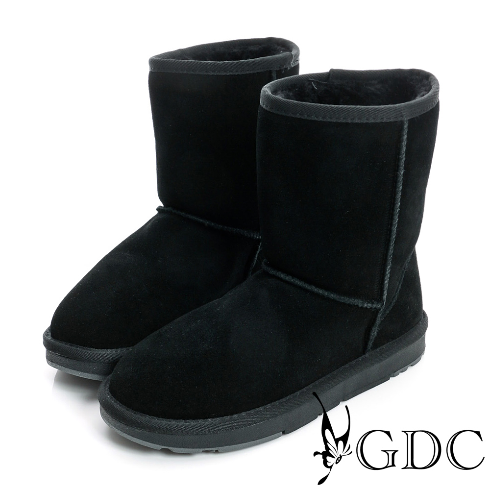 GDC溫暖-經典素面鋪毛真皮中筒雪靴-黑色