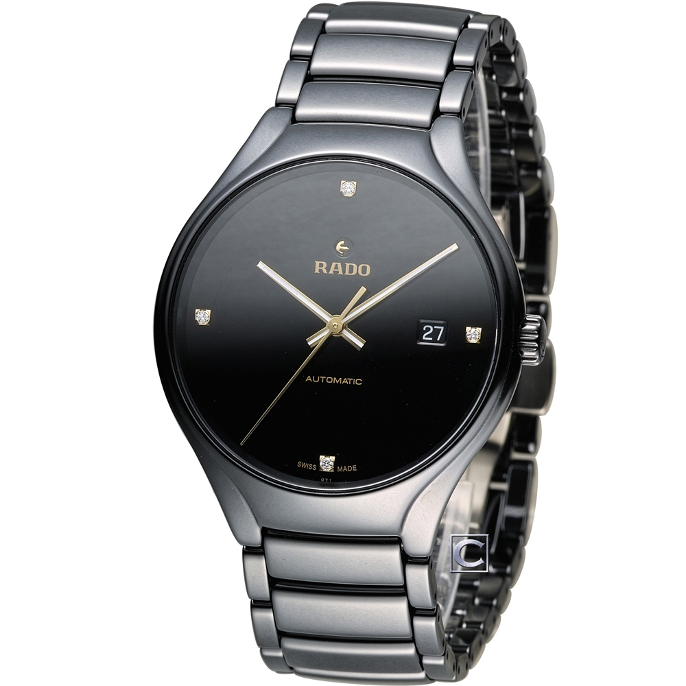 RADO 雷達錶 官方授權 True 真我簡約時尚真鑽腕錶-黑x玫瑰金/40mm