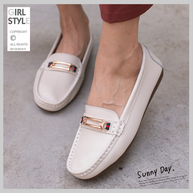 River&Moon樂福-經典方金扣超Q軟真皮莫卡辛豆豆鞋-米杏