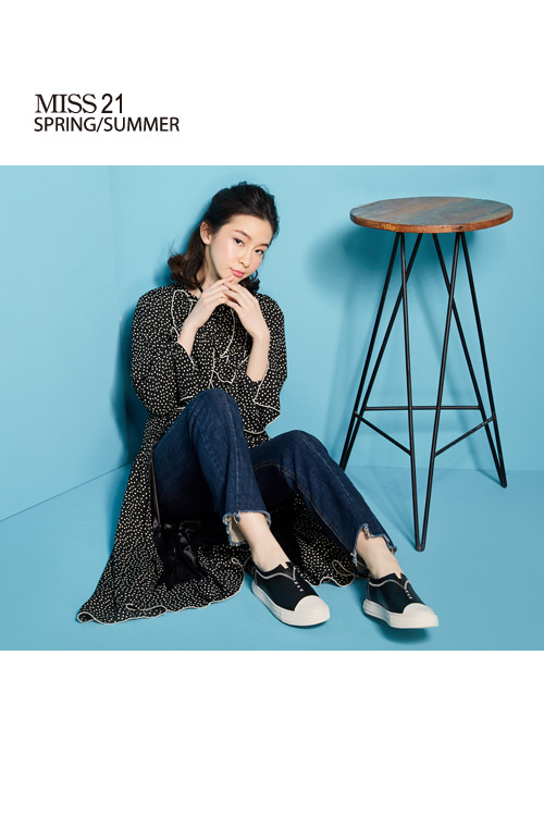 休閒鞋 MISS 21 鋸齒車線造型全真皮厚底休閒鞋－黑