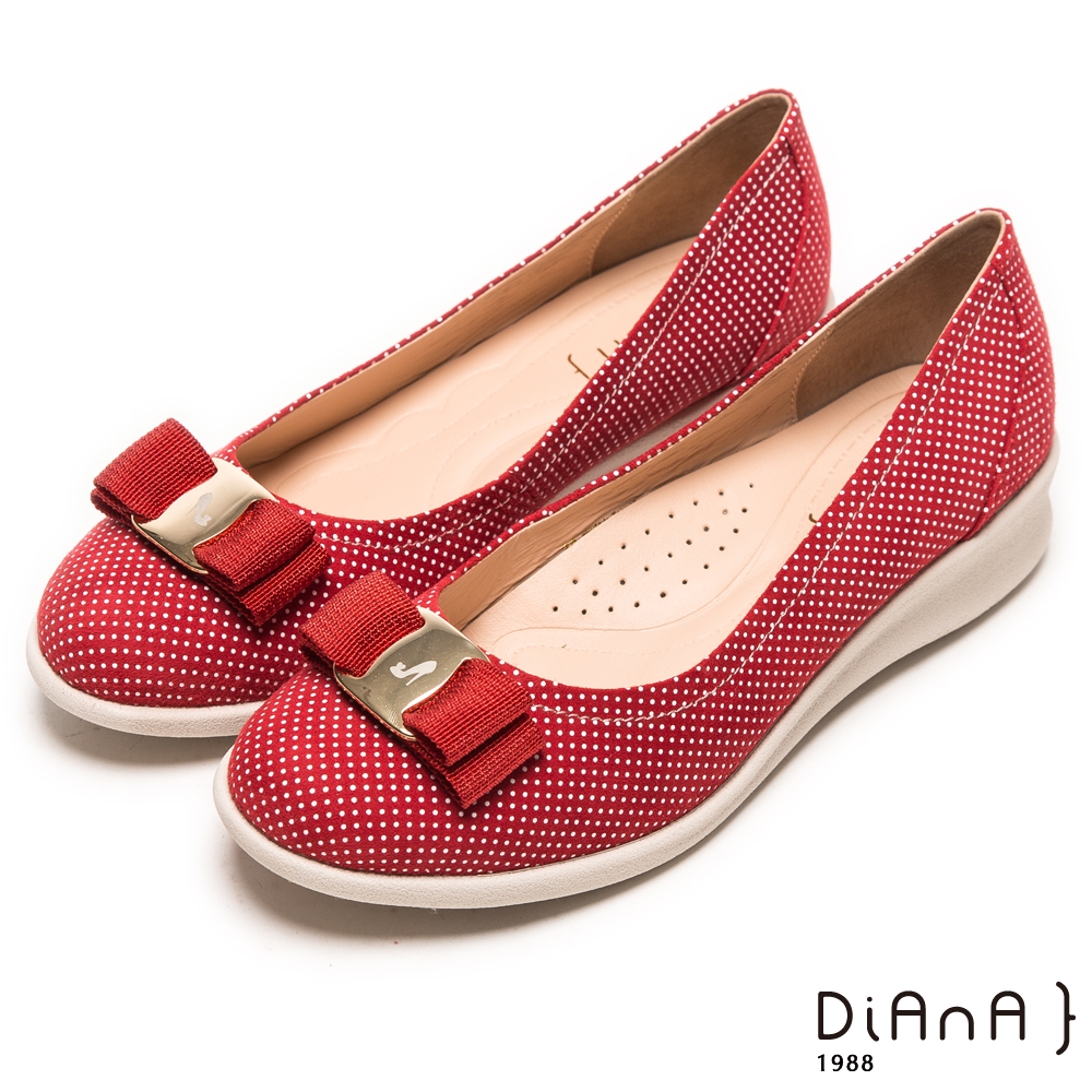 DIANA 超軟Q--甜漾繽紛質感點點蝴蝶結輕量楔型鞋-紅