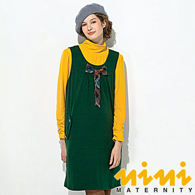 《nini專櫃孕婦裝》學院氣質蝴蝶結領造型秋冬孕婦背心洋裝-綠(F2W04)