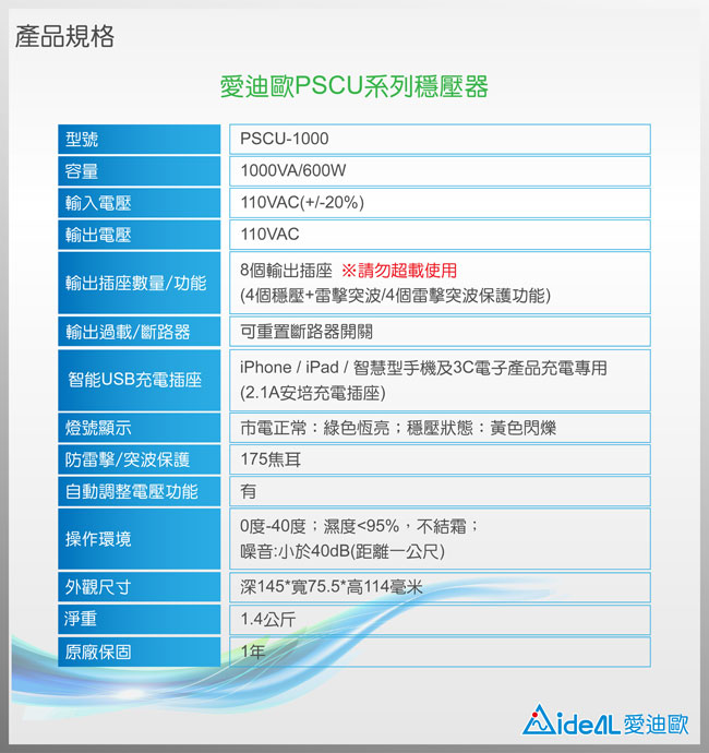 愛迪歐AVR 全方位電子式穩壓器 PSCU-1000(1KVA) 晶漾黃