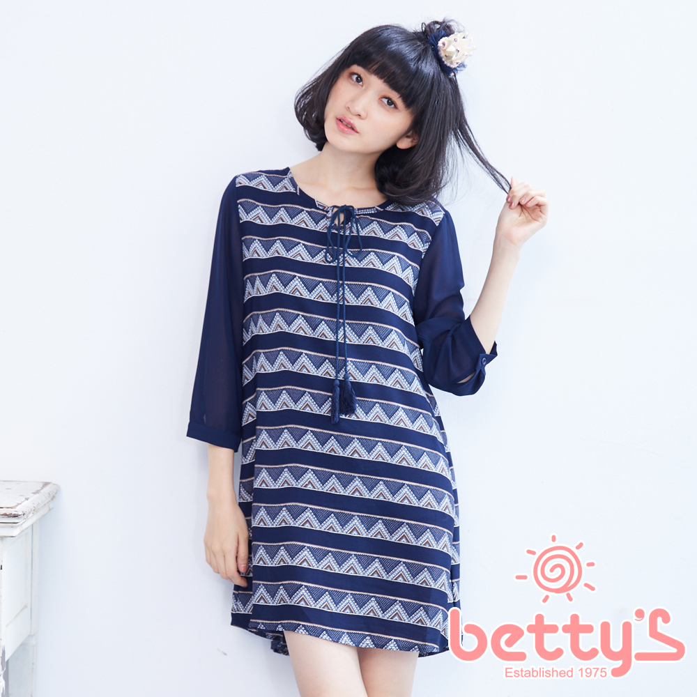 betty’s貝蒂思　波希米亞風圖騰雪紡洋裝(深藍色)