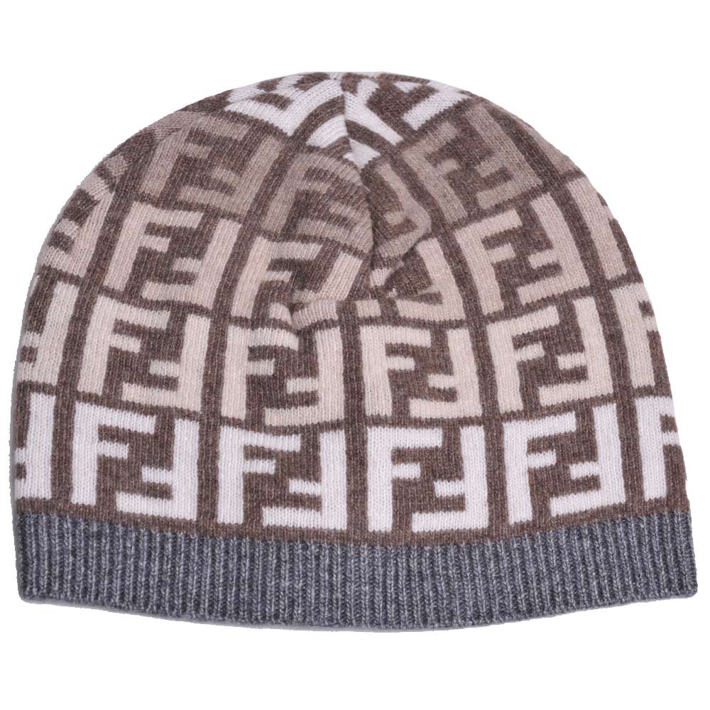 FENDI 經典FF LOGO圖騰義大利製混喀什米爾羊毛造型毛帽(咖啡底/灰邊)