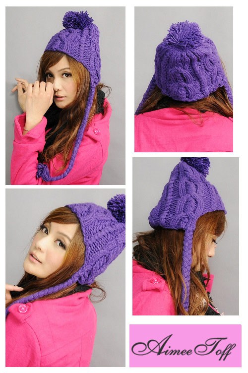 Aimee Toff 粗針麻編可愛辮子針織毛帽(紫)