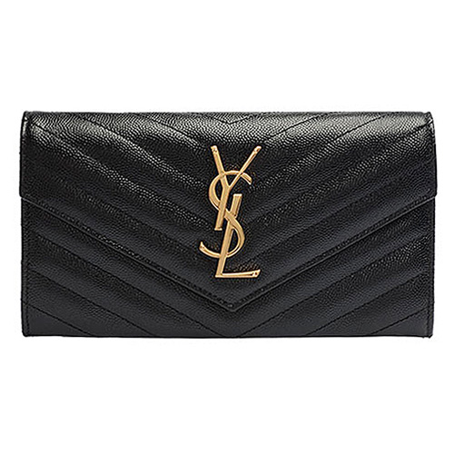 YSL MONOGRAM系列V字縫線魚子醬牛皮金屬LOGO暗釦手拿長夾(黑)