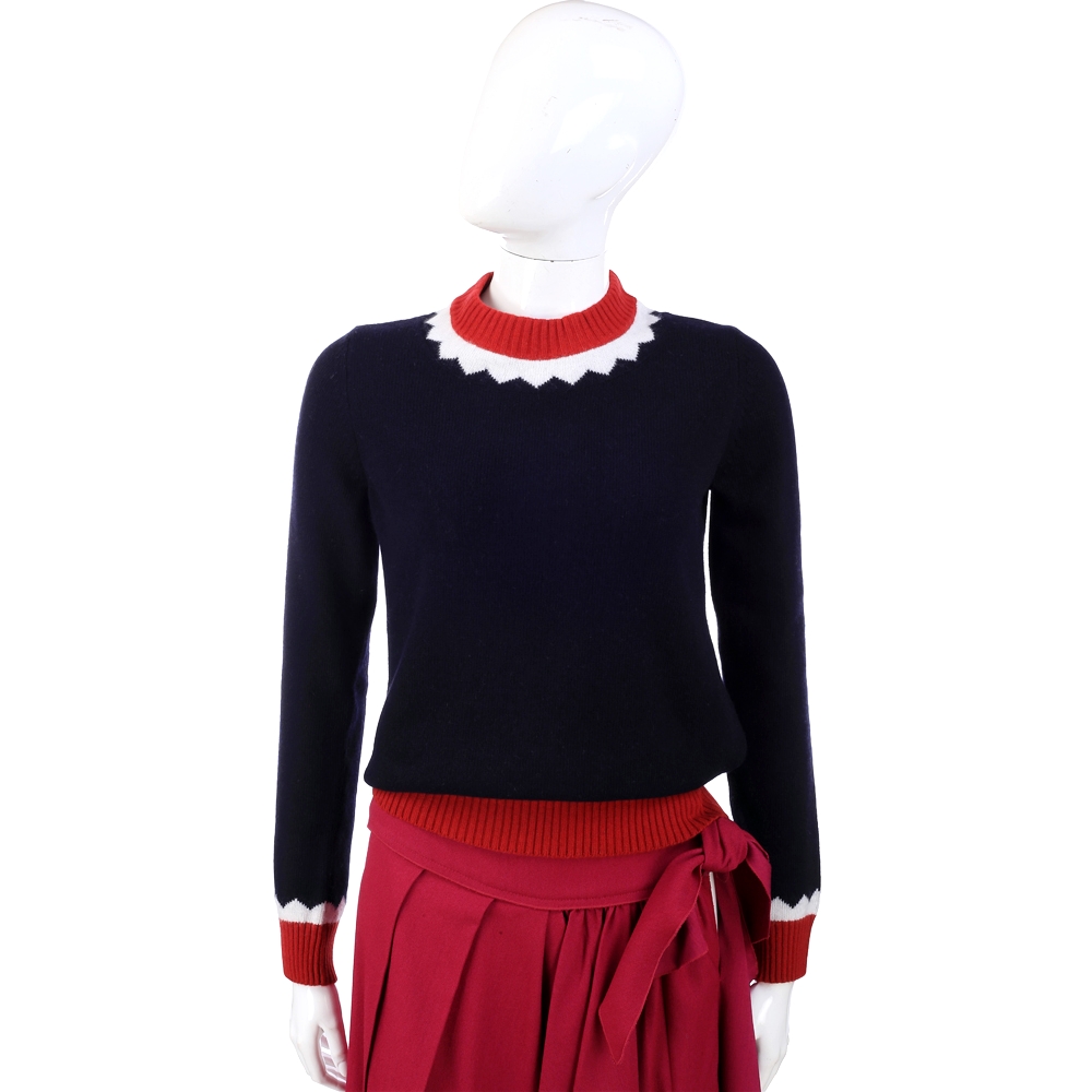 MOSCHINO 紅白色鋸齒造型長袖毛衣(深藍色)