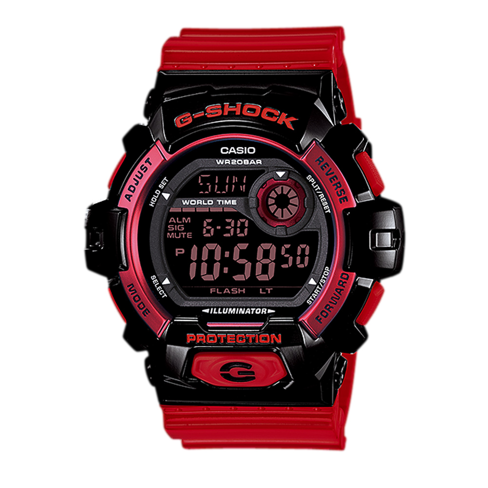 G-SHOCK 耀眼新色高亮度LED休閒錶-黑面x紅框/52.5mm