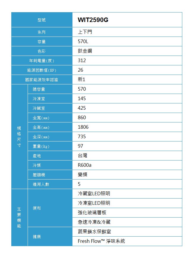 Whirlpool惠而浦 570L上下門冰箱 WIT2590G(含基本安裝)