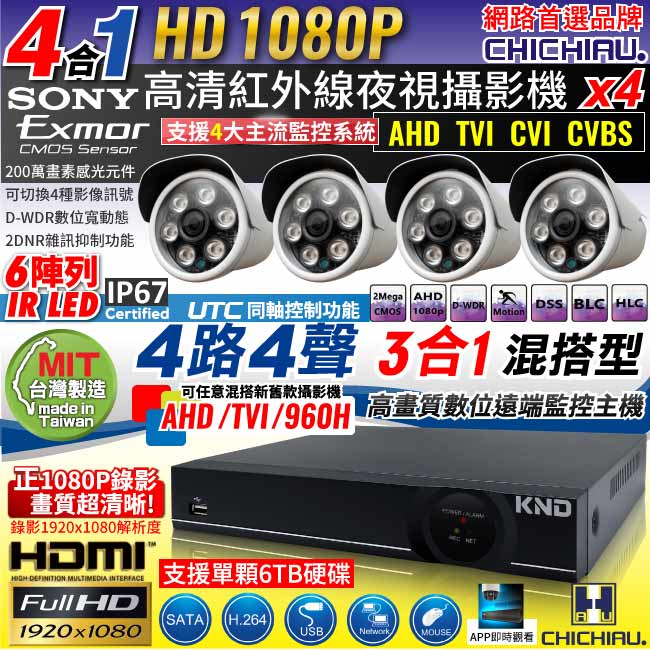 奇巧 4路1080P台製KND單硬碟款主機-含四合一SONY 200萬攝影機x4