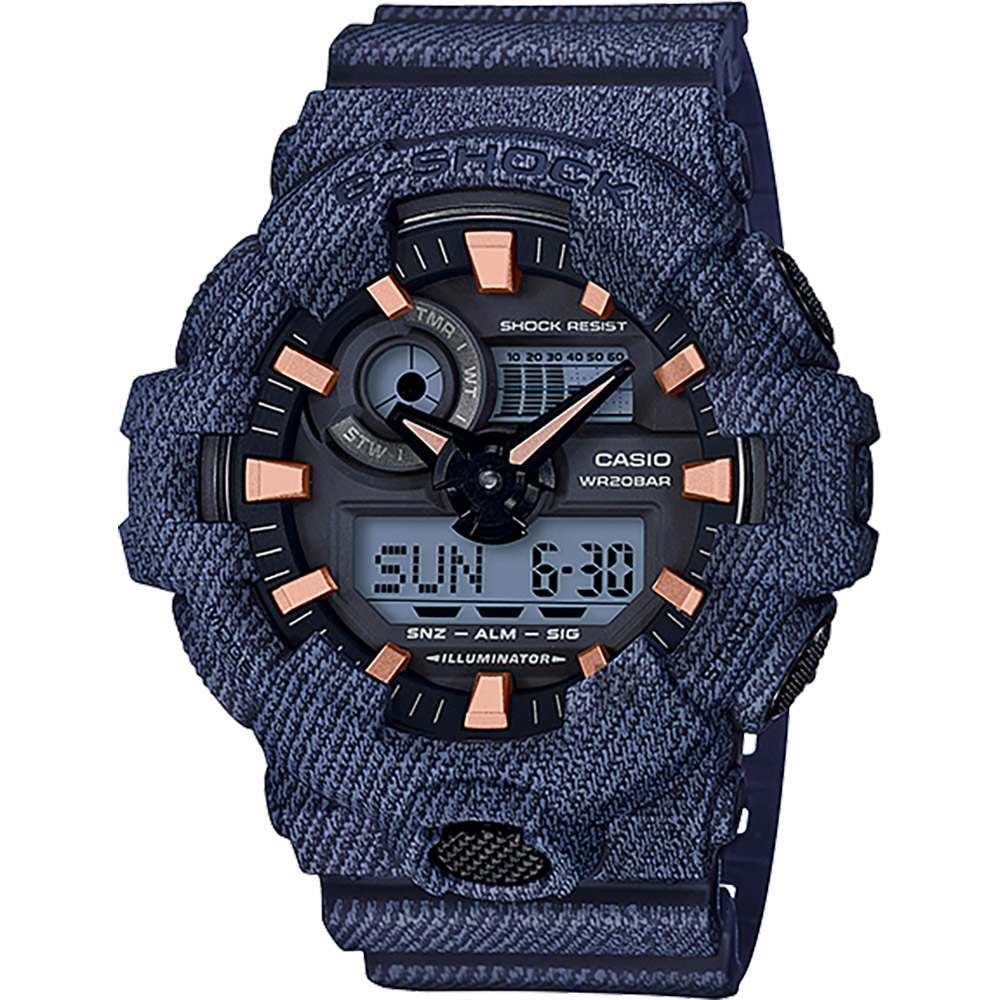 CASIO卡西歐 G-SHOCK 限量丹寧雙顯手錶-深藍/57.5mm