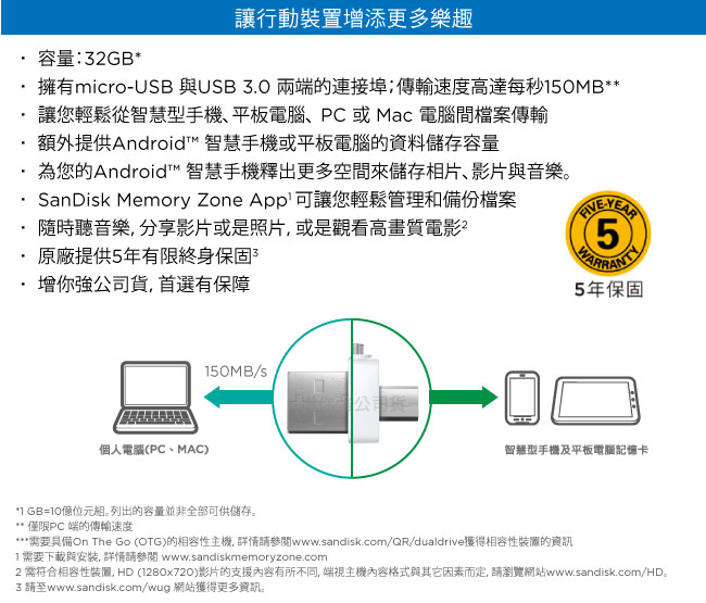 SanDisk Ultra Dual OTG 雙傳輸 USB 3.0 隨身碟 32GB-白