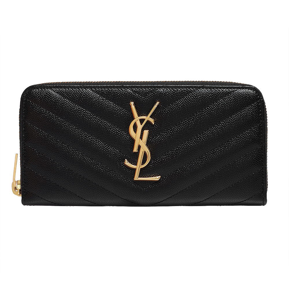 YSL MONOGRAM系列V字縫線魚子醬牛皮金屬LOGO拉鍊手拿長夾(黑)