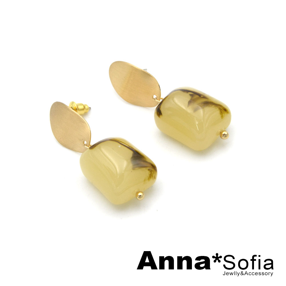 AnnaSofia 波浪圓橢仿琥珀垂墬 925銀針耳針耳環(金系)