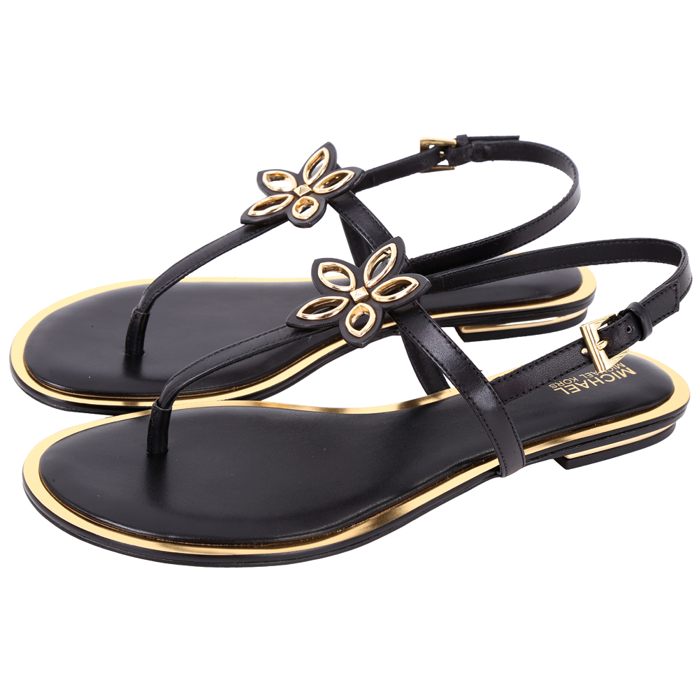 Michael Kors 花朵飾金色滾邊夾腳涼鞋(黑色)