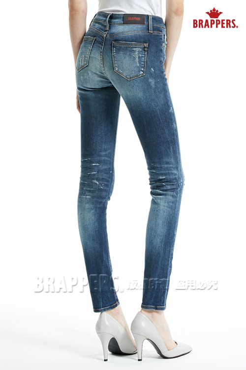 BRAPPERS 女款 新美腳 Royal 系列-中低腰彈性刷漆窄管褲-深藍