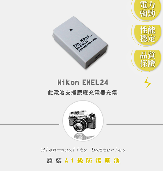 WELLY Nikon EN-EL24 / ENEL24 高容量防爆相機鋰電池