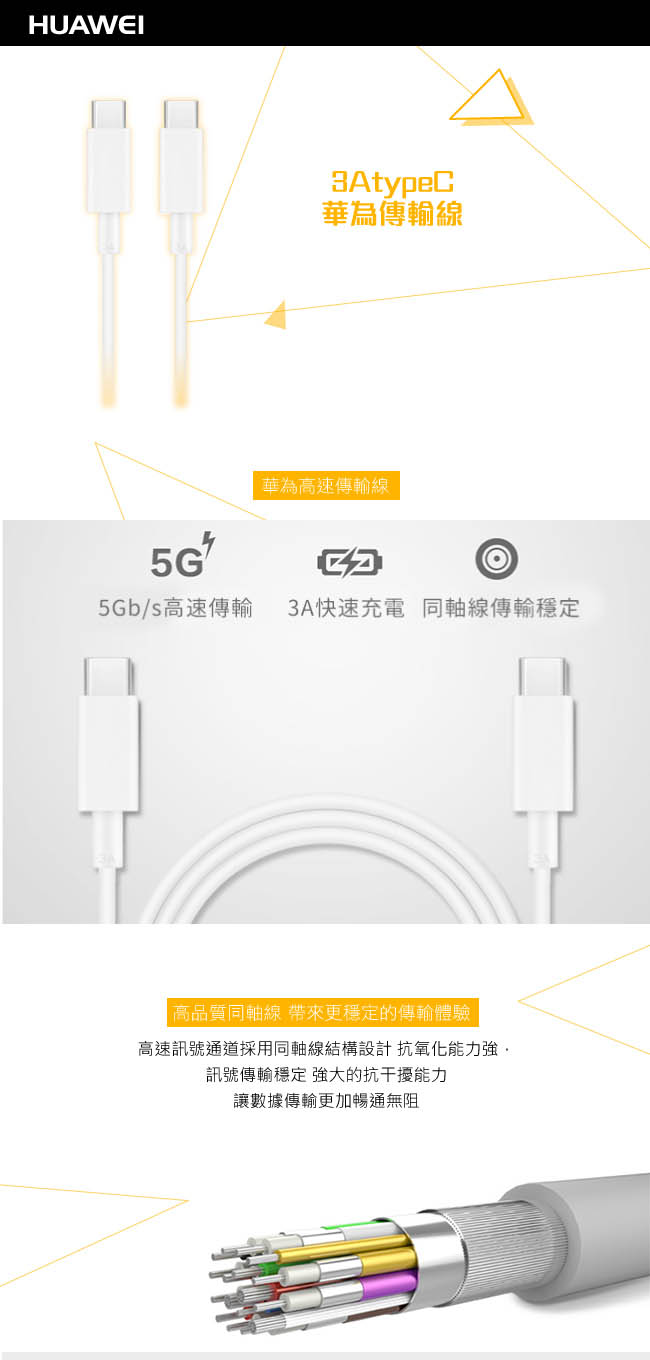 HUAWEI 華為原廠 3A USB-C對USB-C 快充充電傳輸線 (盒裝)