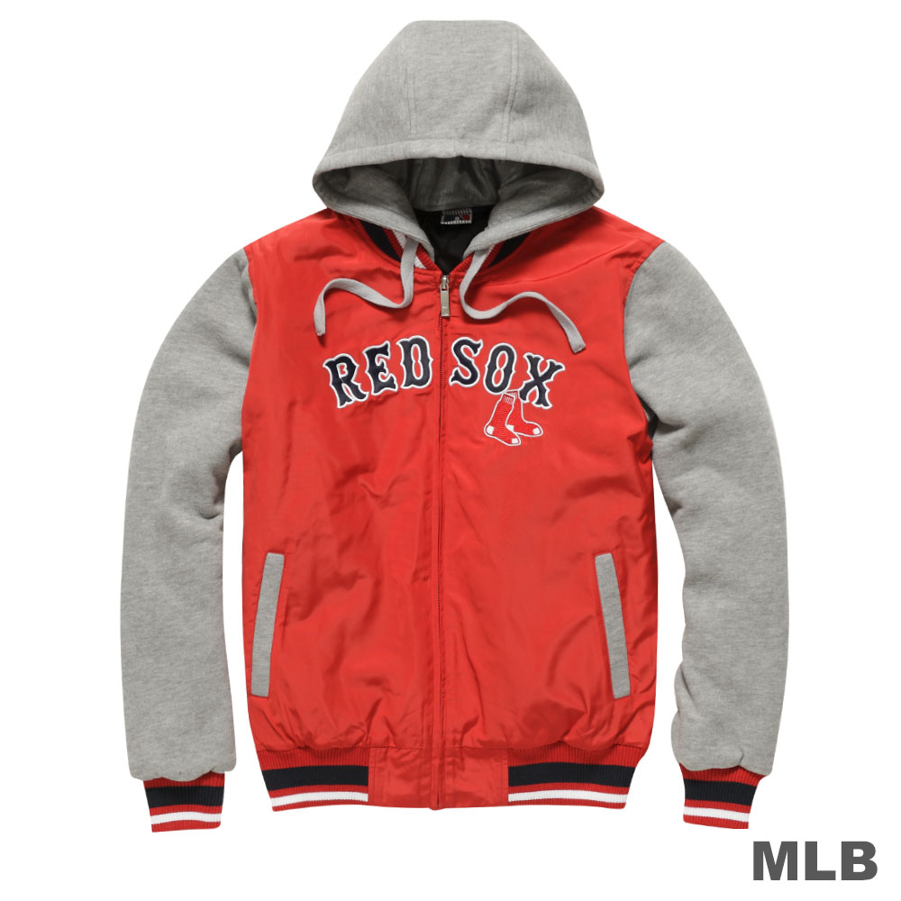 MLB-波士頓紅襪隊鋪棉連帽針織撞色棒球外套-紅(男)
