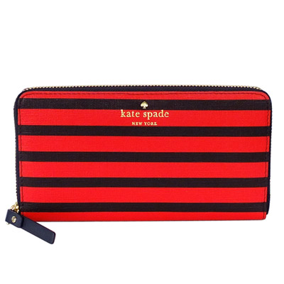 kate spade 紅黑橫條紋Logo飾牌漆字拉鍊長夾 (展示品)