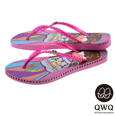 QWQ夾拖的創意(女) - 藝術塗鴨 樹芽女孩 側鑽鍊夾腳拖鞋 - 粉帶