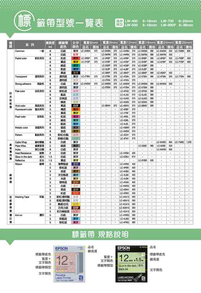 EPSON C53S652405 LK-2WBW高黏性白底黑字標籤帶(寬度6mm)