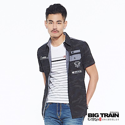 BIG TRAIN 迷彩印花貼標短袖襯衫-男-黑咖迷彩