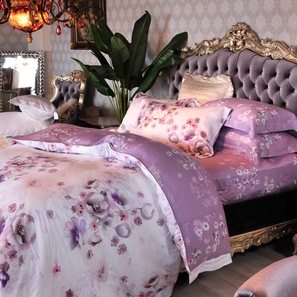 義大利La Belle 紫戀薔薇 特大天絲八件式兩用被床罩組