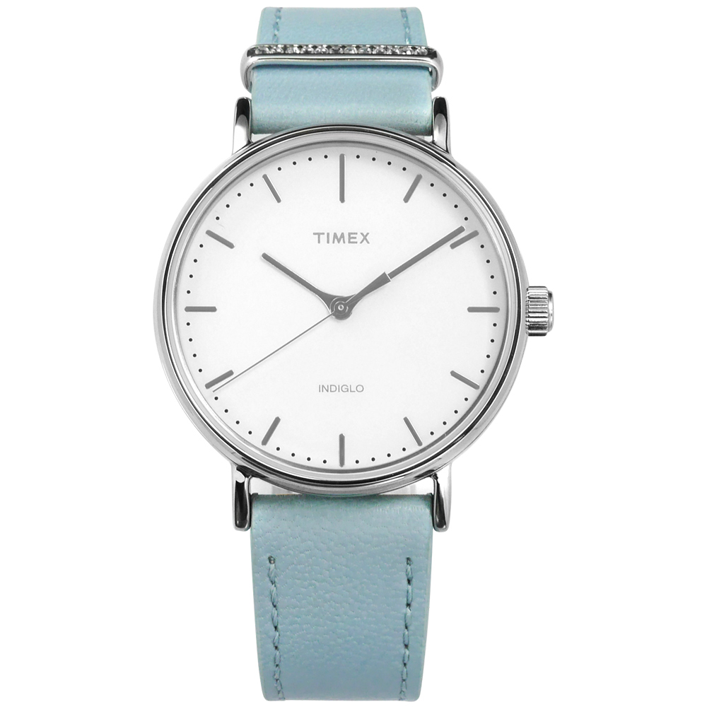 TIMEX 天美時 極簡風格 INDIGLO專利冷光照明 真皮手錶-白x藍/39mm