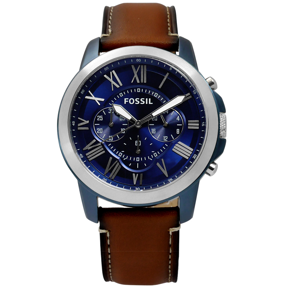 FOSSIL Grant 紳士復古羅馬三環計時真皮腕錶-深藍x咖啡/44mm