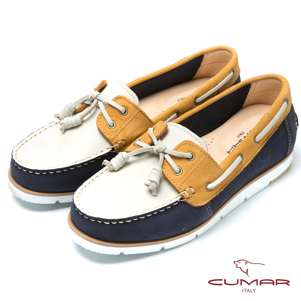 CUMAR台灣製造 撞色時尚真皮帆船鞋-藍米色