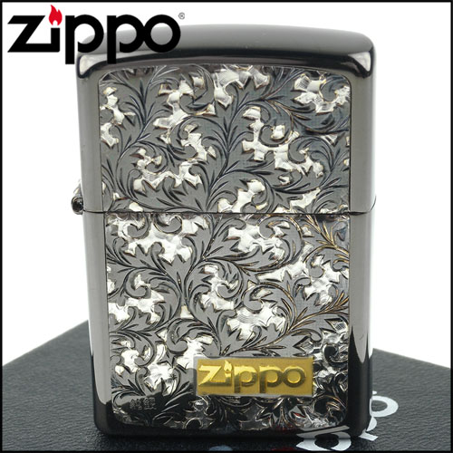 ZIPPO 日系~黑冰鍍鈦-唐草雕花純銀貼片打火機-銀黑貼片款| 打火機/菸具